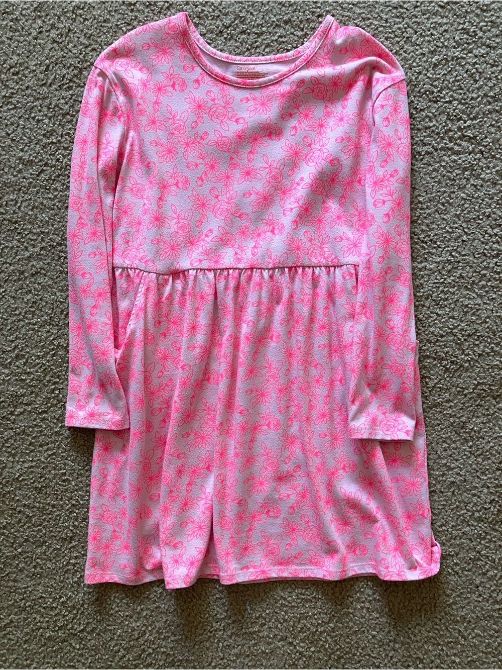 Cat & Jack Pink Long Sleeve Dress with Neon Pink Floral Pattern